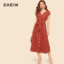 Load image into Gallery viewer, SHEIN Vintage Polka-dot Print Belted Shirt Button Dress Women 2019 Summer Cap Sleeve V Neck Long Solid Shift Dresses
