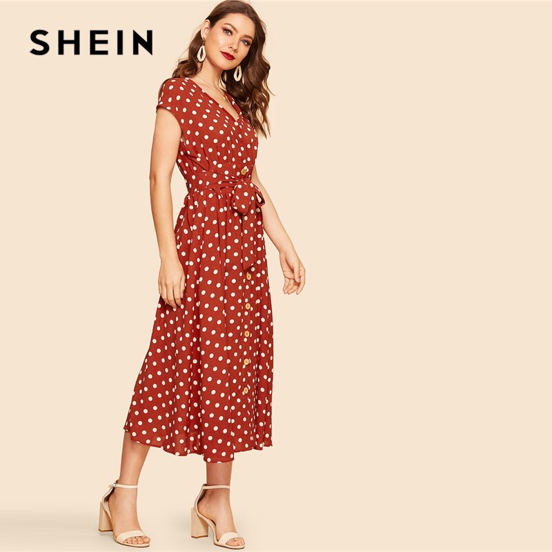SHEIN Vintage Polka-dot Print Belted Shirt Button Dress Women 2019 Summer Cap Sleeve V Neck Long Solid Shift Dresses