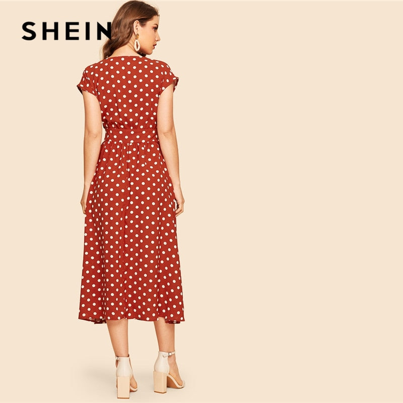 SHEIN Vintage Polka-dot Print Belted Shirt Button Dress Women 2019 Summer Cap Sleeve V Neck Long Solid Shift Dresses