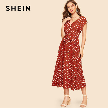 SHEIN Vintage Polka-dot Print Belted Shirt Button Dress Women 2019 Summer Cap Sleeve V Neck Long Solid Shift Dresses
