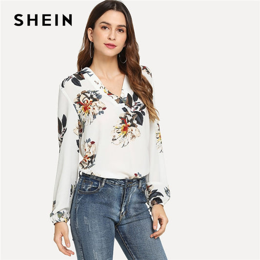 SHEIN White Elegant Office Lady Floral Print V Neck Long Sleeve Pullovers Blouse Autumn Workwear Women Tops And Blouses