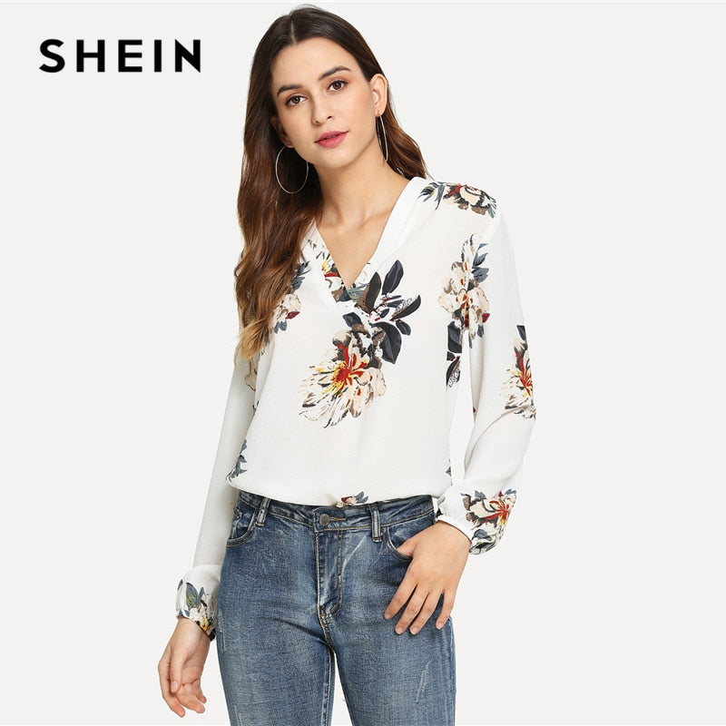 SHEIN White Elegant Office Lady Floral Print V Neck Long Sleeve Pullovers Blouse Autumn Workwear Women Tops And Blouses