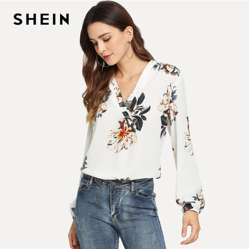 SHEIN White Elegant Office Lady Floral Print V Neck Long Sleeve Pullovers Blouse Autumn Workwear Women Tops And Blouses