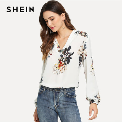 SHEIN White Elegant Office Lady Floral Print V Neck Long Sleeve Pullovers Blouse Autumn Workwear Women Tops And Blouses