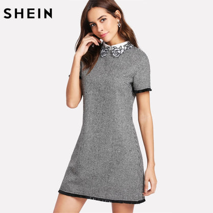 SHEIN Work Dress Women Elegant Black and White Short Sleeve Embroidered Contrast Collar Fringe Lace Trim Houndstooth Dress