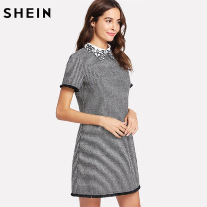 SHEIN Work Dress Women Elegant Black and White Short Sleeve Embroidered Contrast Collar Fringe Lace Trim Houndstooth Dress