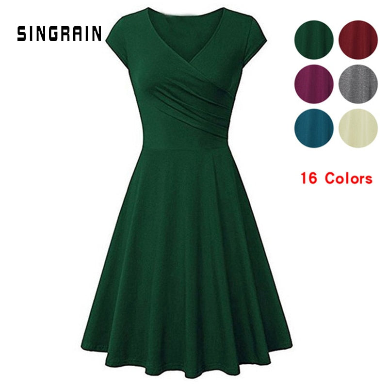 SINGRAIN Summer Women's Dress 2019 V-neck Bodycon Casual dress elastic cotton Sundress Beach Holiday Plus Size Party Dress