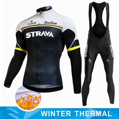 STRAVA 2022 Winter Thermal Fleece Cycling Clothes Men Long Sleeve Jersey Suit Outdoor Riding Bike MTB Clothing Bib Pants Set