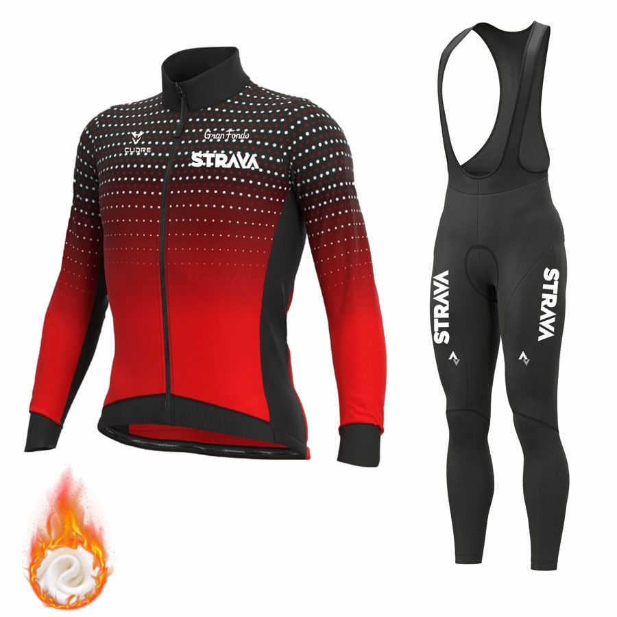 STRAVA Pro Cycling Jerseys Set Winter Thermal Fleece Long Sleeve Coat Riding Bike Jacket Cycling Suits Set Ropa Ciclismo Men's
