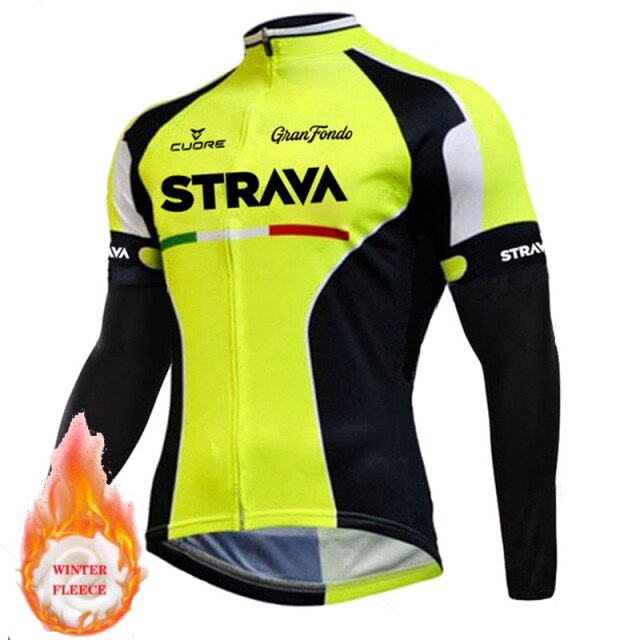 STRAVA Pro Cycling Jerseys Set Winter Thermal Fleece Long Sleeve Coat Riding Bike Jacket Cycling Suits Set Ropa Ciclismo Men's