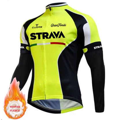 STRAVA Pro Cycling Jerseys Set Winter Thermal Fleece Long Sleeve Coat Riding Bike Jacket Cycling Suits Set Ropa Ciclismo Men's