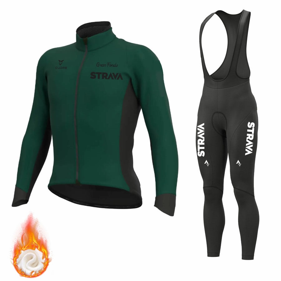 STRAVA Pro Cycling Jerseys Set Winter Thermal Fleece Long Sleeve Coat Riding Bike Jacket Cycling Suits Set Ropa Ciclismo Men's