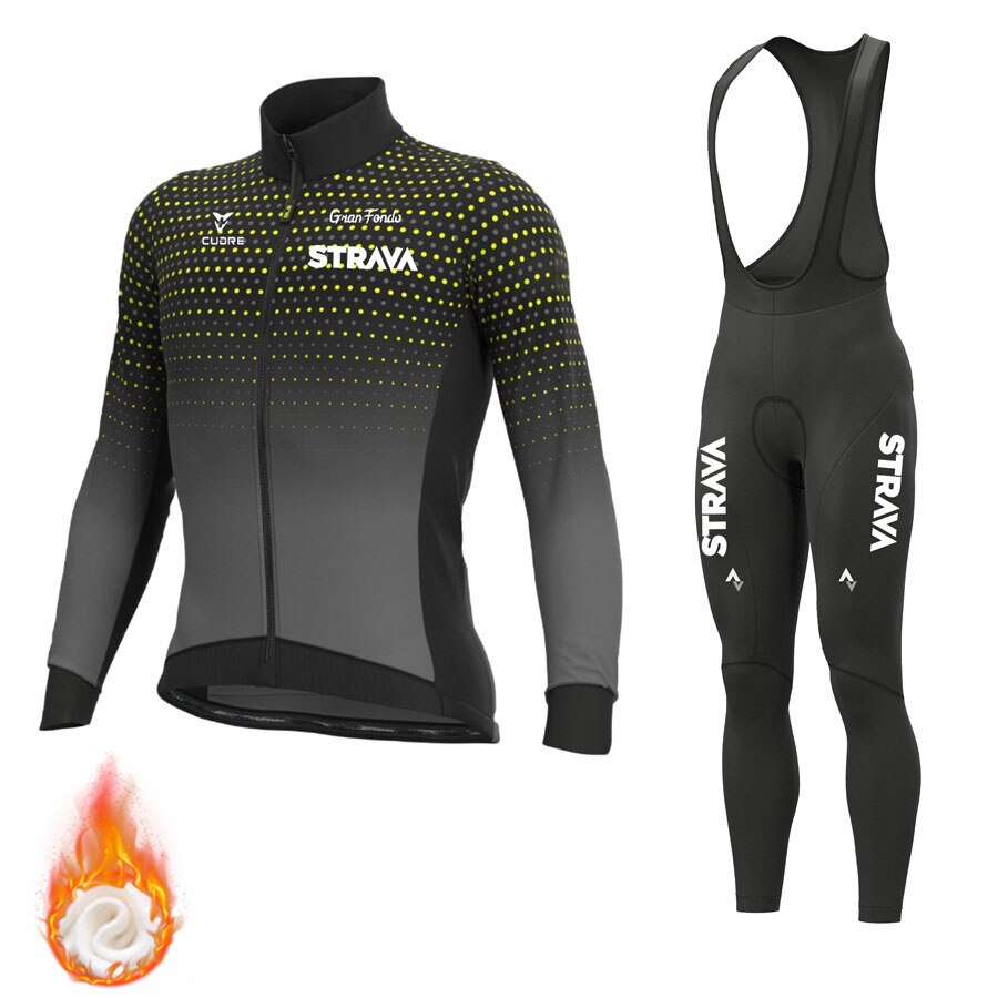 STRAVA Pro Cycling Jerseys Set Winter Thermal Fleece Long Sleeve Coat Riding Bike Jacket Cycling Suits Set Ropa Ciclismo Men's