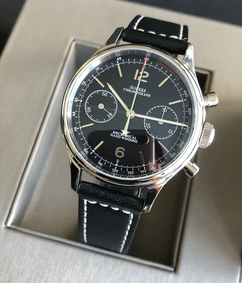 SUGESS Seagull 1963 Movement Chronograph Watch Mechanical 38mm Panda For Men Luminous 5ATM Waterproof Black Dial zegarki męskie