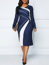将图片加载到图库查看器，Sakazy Geometric O-neck Women&#39;s Dress Long Sleeves Colour coloured Slim &amp; Hip Wrapped Pencil 2020 Plus Size Dress

