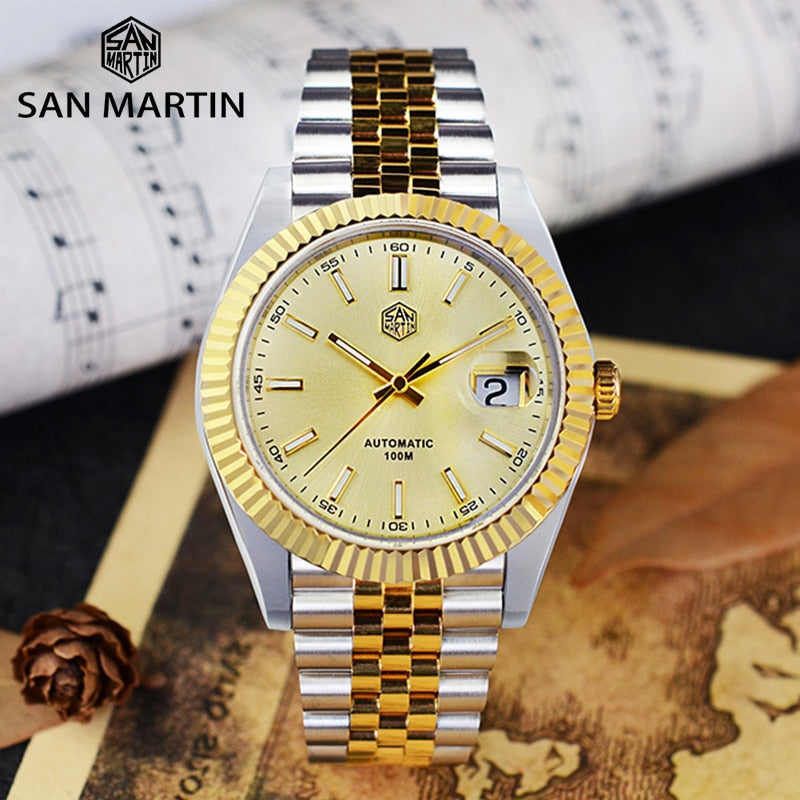 San Martin Men Dress Watch Jubilee Bracelet Retro Classic Luxury Automatic Mechanical Watches Sapphire Cyclops Waterproof 100M