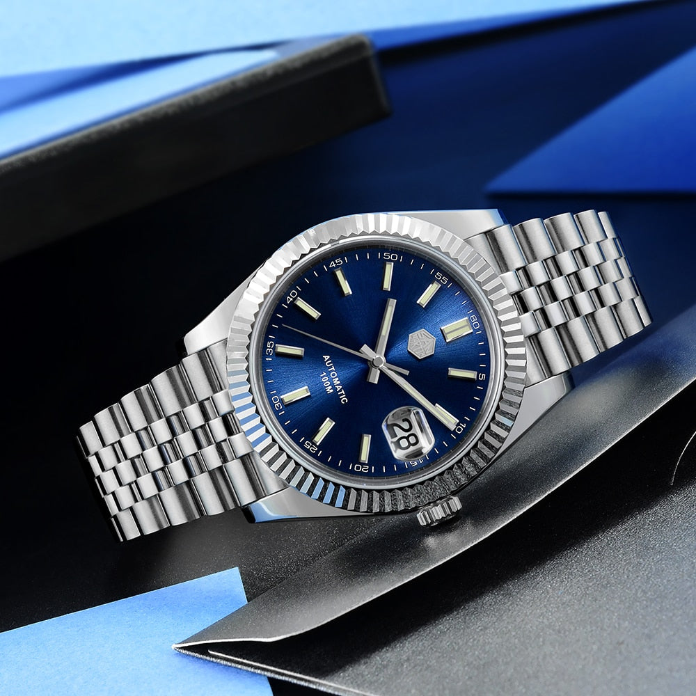 San Martin Men Dress Watch Jubilee Bracelet Retro Classic Luxury Automatic Mechanical Watches Sapphire Cyclops Waterproof 100M