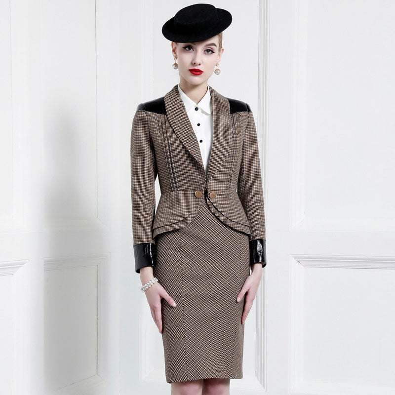 Semi Worsted Wool Lady Temperament Professional Dress Women's Suit Fashion Design Thousand Bird Pattern Dress