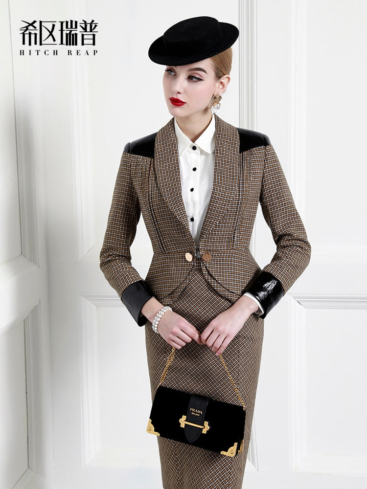 Semi Worsted Wool Lady Temperament Professional Dress Women's Suit Fashion Design Thousand Bird Pattern Dress