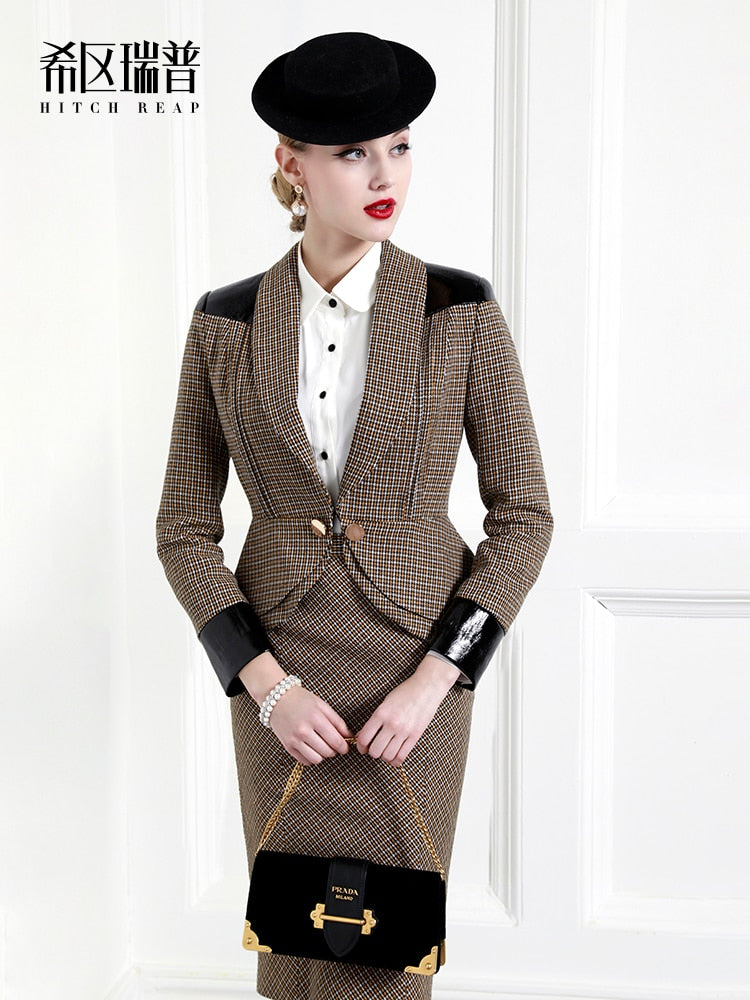 Semi Worsted Wool Lady Temperament Professional Dress Women's Suit Fashion Design Thousand Bird Pattern Dress