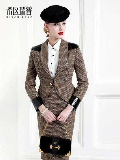 Semi Worsted Wool Lady Temperament Professional Dress Women's Suit Fashion Design Thousand Bird Pattern Dress