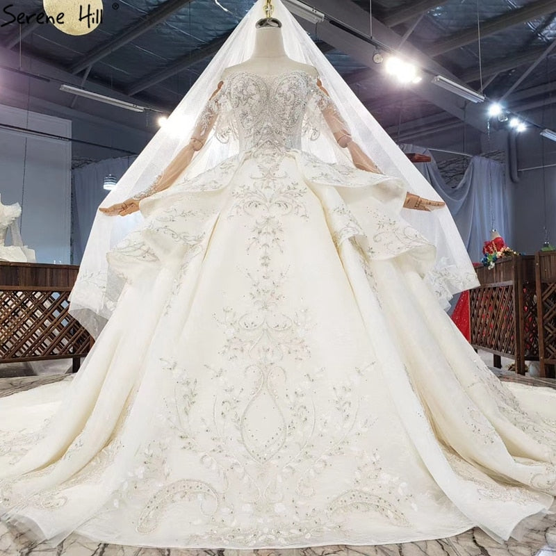 Serene Hill Ivory Luxury Dubai Wedding Dresses 2020 Beading Long Sleeves Luxury Elegant Bridal Gowns HX0318 Custom Made