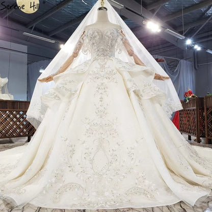 Serene Hill Ivory Luxury Dubai Wedding Dresses 2020 Beading Long Sleeves Luxury Elegant Bridal Gowns HX0318 Custom Made