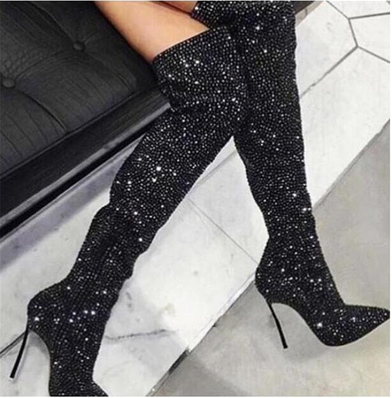 Sestito 2018 Ladies Bling Bling Crystal Pointed Toe over-the-knee Boots Girls Side Zipper Stiletto High Heels Dress Shoes Woman