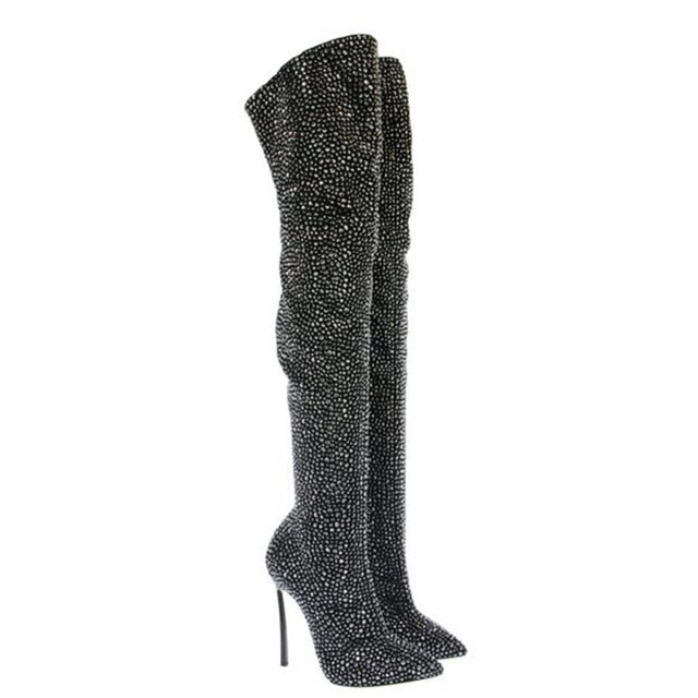 Sestito 2018 Ladies Bling Bling Crystal Pointed Toe over-the-knee Boots Girls Side Zipper Stiletto High Heels Dress Shoes Woman