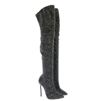 Sestito 2018 Ladies Bling Bling Crystal Pointed Toe over-the-knee Boots Girls Side Zipper Stiletto High Heels Dress Shoes Woman