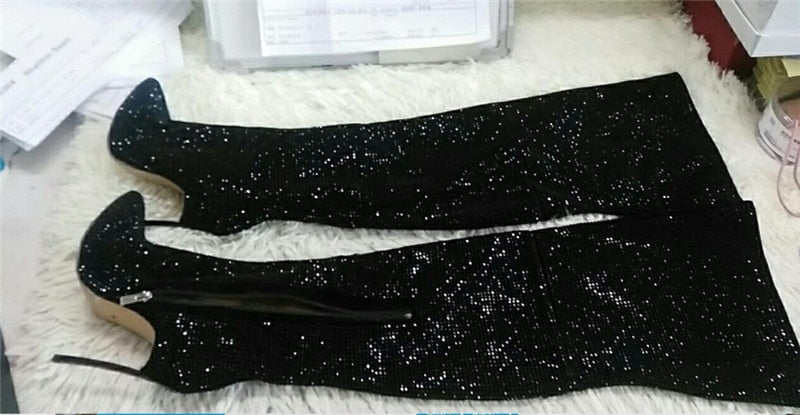 Sestito 2018 Ladies Bling Bling Crystal Pointed Toe over-the-knee Boots Girls Side Zipper Stiletto High Heels Dress Shoes Woman