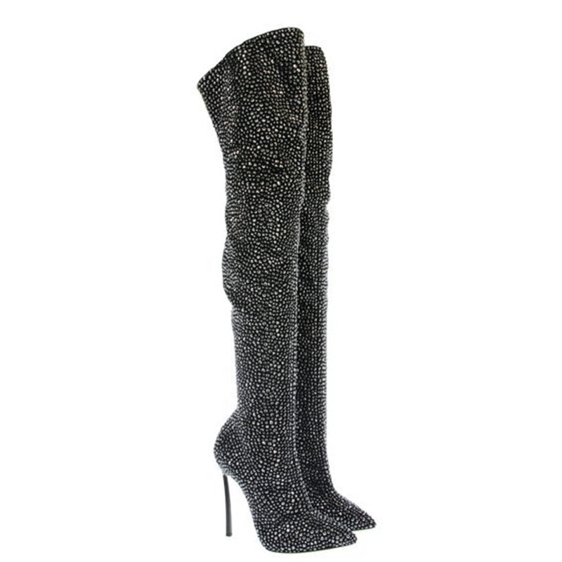 Sestito 2018 Ladies Bling Bling Crystal Pointed Toe over-the-knee Boots Girls Side Zipper Stiletto High Heels Dress Shoes Woman