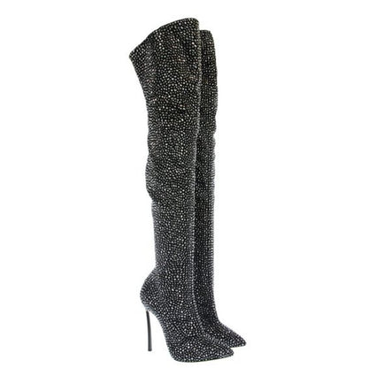Sestito 2018 Ladies Bling Bling Crystal Pointed Toe over-the-knee Boots Girls Side Zipper Stiletto High Heels Dress Shoes Woman