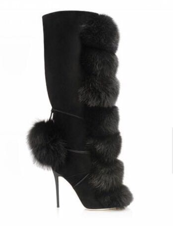 Sestito 2018 Women Winter Sexy Fox Hair Ball Embellished Knee High Boots Girls High Heels Long Boots Ladies Zipper Dress Shoes
