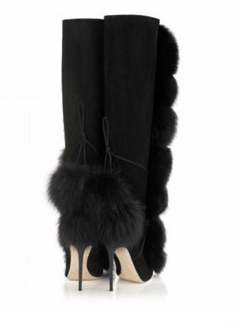 Sestito 2018 Women Winter Sexy Fox Hair Ball Embellished Knee High Boots Girls High Heels Long Boots Ladies Zipper Dress Shoes