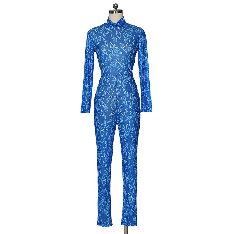 Blue Sheer Mesh Jumpsuit Rompers Women Autumn Winter Long Sleeve Turtleneck Print Skinny See through Party Club Overalls