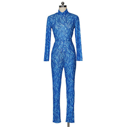 Blue Sheer Mesh Jumpsuit Rompers Women Autumn Winter Long Sleeve Turtleneck Print Skinny See through Party Club Overalls