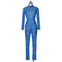 Load image into Gallery viewer, Blue Sheer Mesh Jumpsuit Rompers Women Autumn Winter Long Sleeve Turtleneck Print Skinny See through Party Club Overalls
