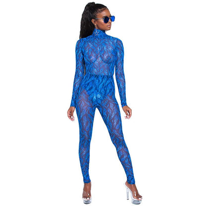 Blue Sheer Mesh Jumpsuit Rompers Women Autumn Winter Long Sleeve Turtleneck Print Skinny See through Party Club Overalls