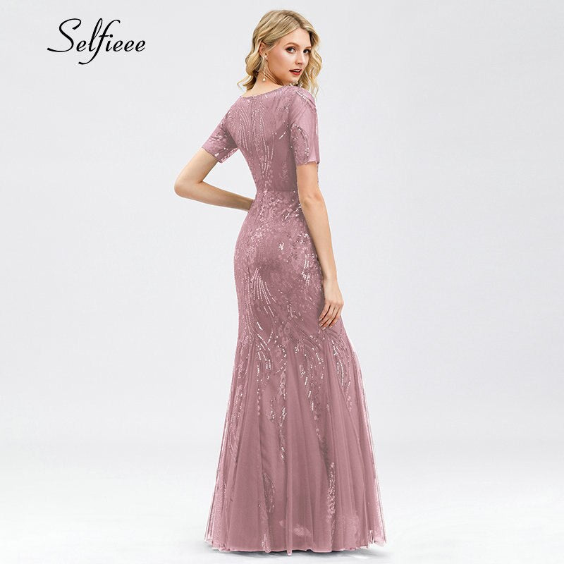 Sexy Maxi Dress Mermaid Sequined O-Neck Short Sleeve Ladies Elegant Bodycon Dress Woman Party Night Gowns Zomerjurk Dames 2020