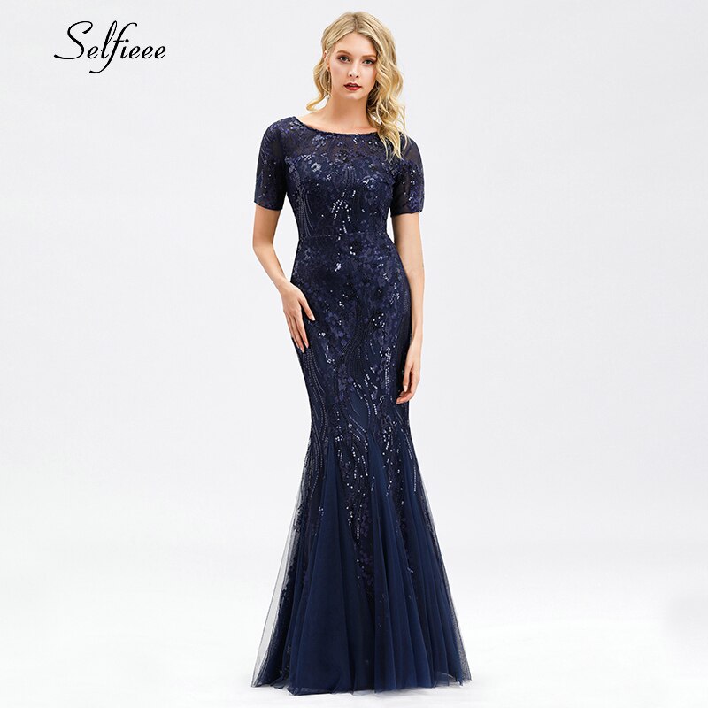 Sexy Maxi Dress Mermaid Sequined O-Neck Short Sleeve Ladies Elegant Bodycon Dress Woman Party Night Gowns Zomerjurk Dames 2020