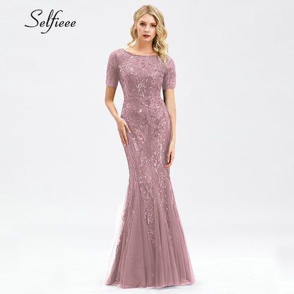 Sexy Maxi Dress Mermaid Sequined O-Neck Short Sleeve Ladies Elegant Bodycon Dress Woman Party Night Gowns Zomerjurk Dames 2020