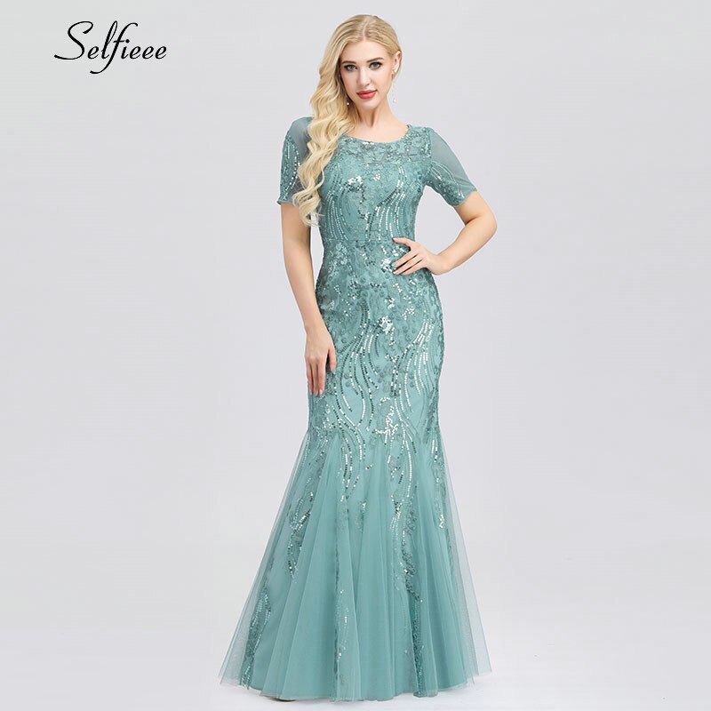 Sexy Maxi Dress Mermaid Sequined O-Neck Short Sleeve Ladies Elegant Bodycon Dress Woman Party Night Gowns Zomerjurk Dames 2020