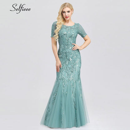 Sexy Maxi Dress Mermaid Sequined O-Neck Short Sleeve Ladies Elegant Bodycon Dress Woman Party Night Gowns Zomerjurk Dames 2020