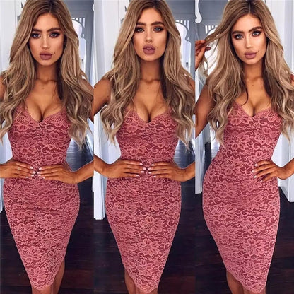 Sexy Summer Lace Elegant Party Bodycon Dress For Women V-Neck Spaghetti Strap Knee-Length Women's Dresses