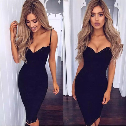 Sexy Summer Lace Elegant Party Bodycon Dress For Women V-Neck Spaghetti Strap Knee-Length Women's Dresses