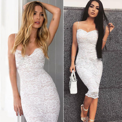 Sexy Summer Lace Elegant Party Bodycon Dress For Women V-Neck Spaghetti Strap Knee-Length Women's Dresses
