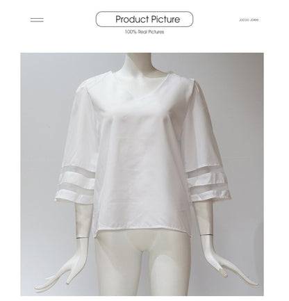 V Neck Flared Half Sleeves Mesh Patchwork Shirts Summer Fashion Casual Loose Solid Women Tops Blouses Streetwear