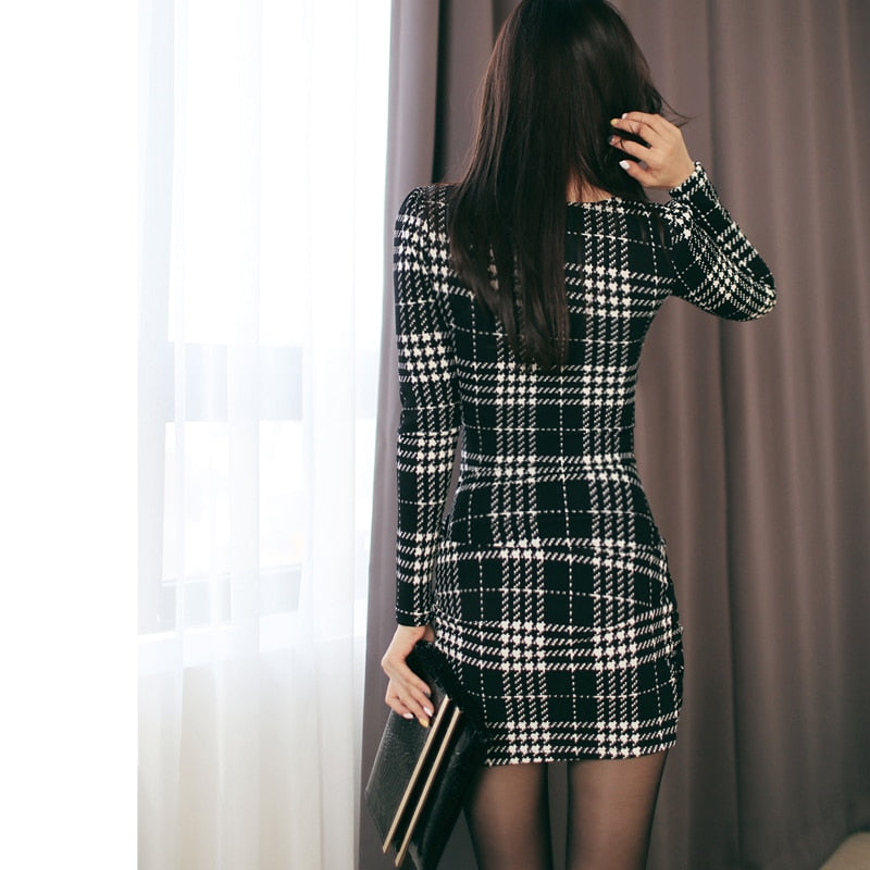 Vintage Plaid Dresses  Spring Women Long Sleeve Bodycon Office Business Work Dress Club Party Pencil Dress YH129