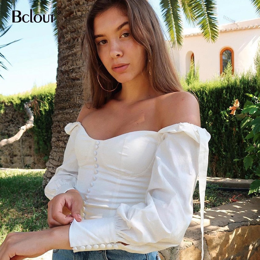 White Office Blouse Shirt Women Puff Sleeve Ladies Tops Tunic Blouses Women Square Collar Casual Shirts Buttons Autumn 2020